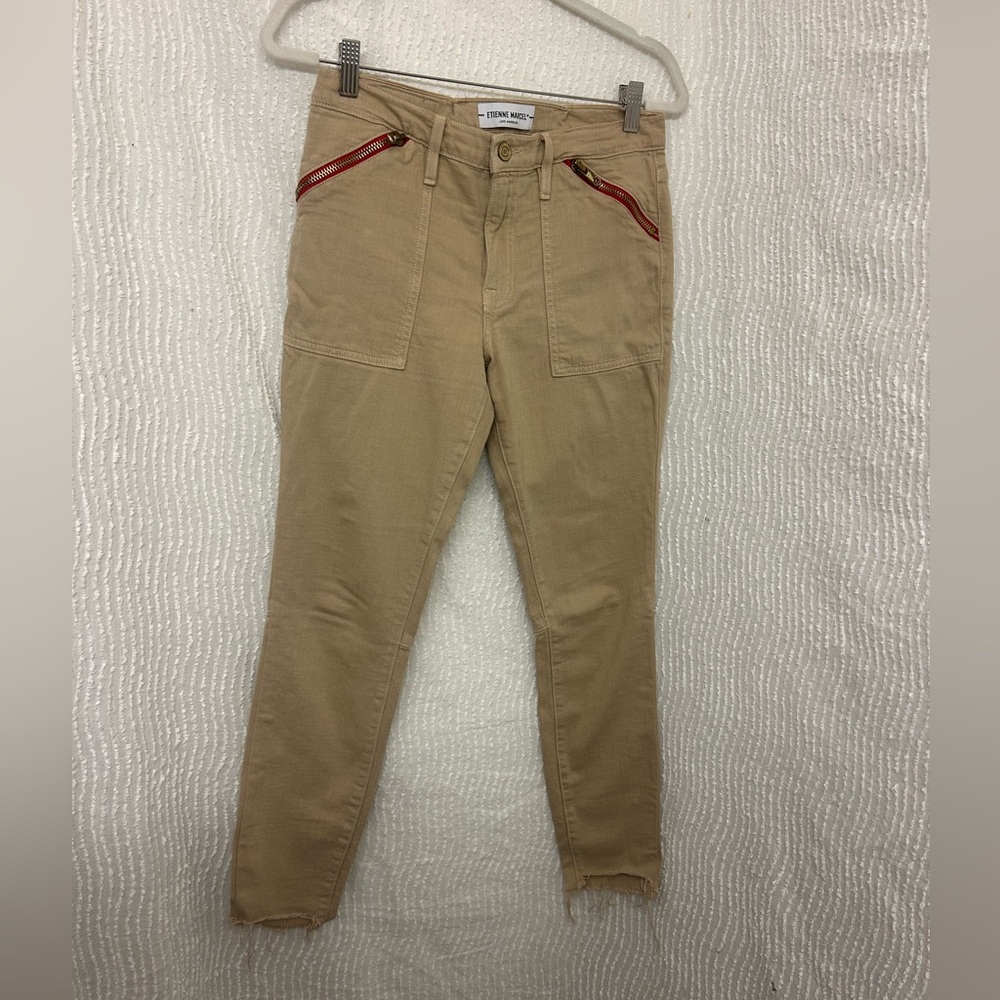 Tan Denim Pants Etienne Marcel Beige Size 27 Skinny Khaki with Zipper Raw Hem